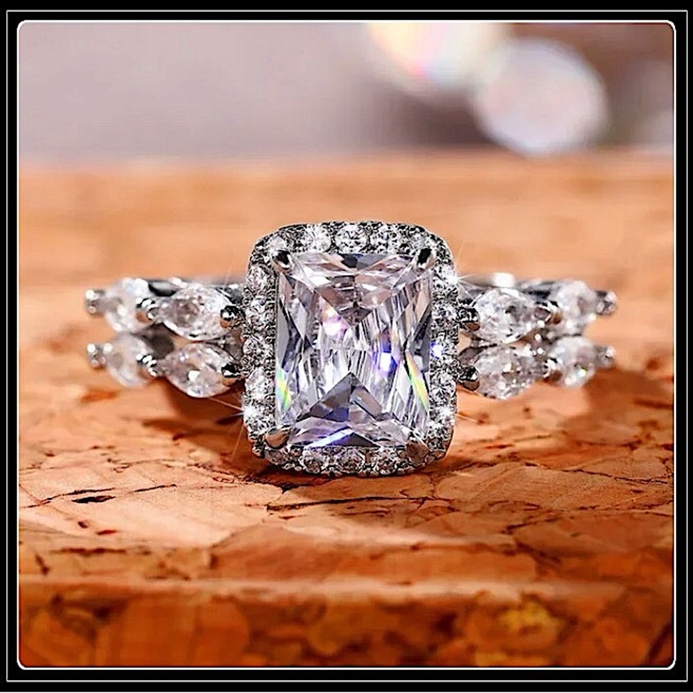 Clearance! New square cut princess pave simulated diamond baguette ring